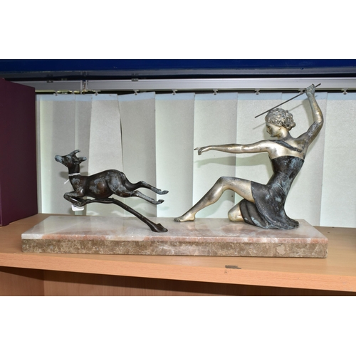 432 - A FRENCH ART DECO SCULPTURE, depicting a female figure possibly Diana and a running deer, mounted on... 