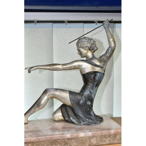 432 - A FRENCH ART DECO SCULPTURE, depicting a female figure possibly Diana and a running deer, mounted on... 