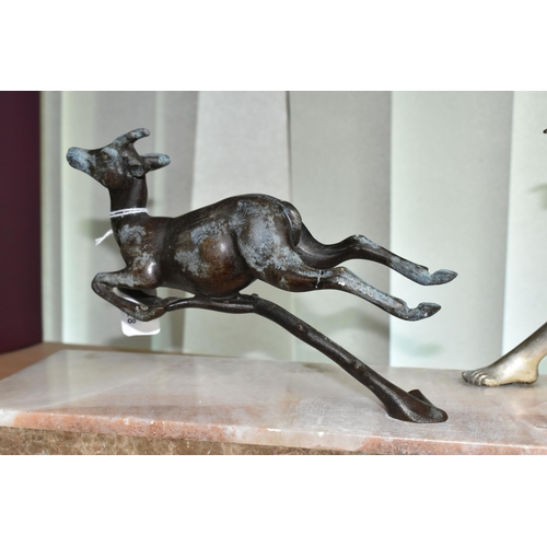 432 - A FRENCH ART DECO SCULPTURE, depicting a female figure possibly Diana and a running deer, mounted on... 