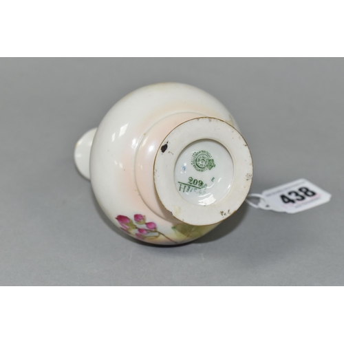 438 - A SMALL ROYAL WORCESTER JUG, painted with pink roses, shape number 209, with green printed backstamp... 