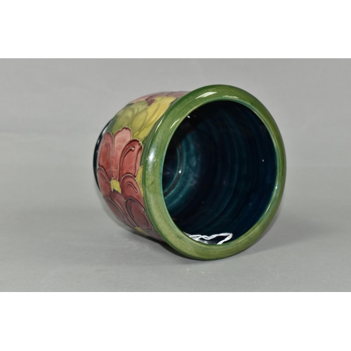 441 - A MOORCROFT POTTERY PLANTER, tube lined with a pink Clematis pattern on a graduated green to turquoi... 