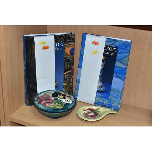 443 - A MOORCROFT POTTERY COVERED BOWL, ASHTRAY AND TWO BOOKS, comprising a covered bowl tube lined with p... 