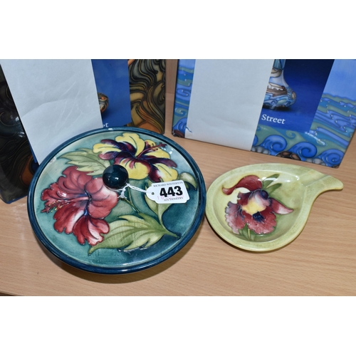 443 - A MOORCROFT POTTERY COVERED BOWL, ASHTRAY AND TWO BOOKS, comprising a covered bowl tube lined with p... 