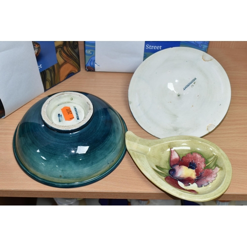 443 - A MOORCROFT POTTERY COVERED BOWL, ASHTRAY AND TWO BOOKS, comprising a covered bowl tube lined with p... 