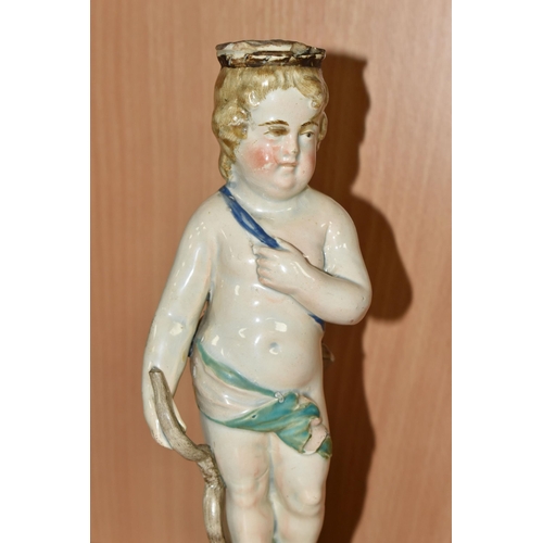 452 - A PAIR OF PORCELAIN FIGURAL CANDELABRA, blue painted marks to the base, together with a cherub candl... 