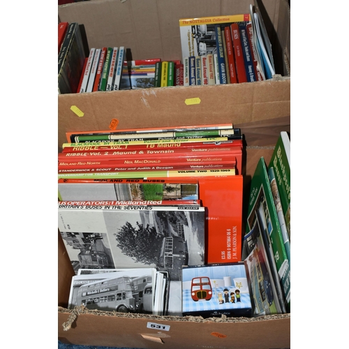 531 - TWO BOXES OF BOOKS and a small quantity of Photographs relating to Buses and Trams, approximately fi... 