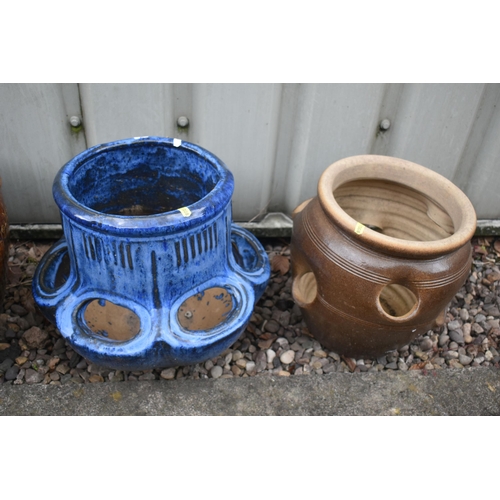 1008 - A SELECTION OF GLAZED GARDEN POTS, to include a plant pot, with floral decoration, diameter 38cm x h... 