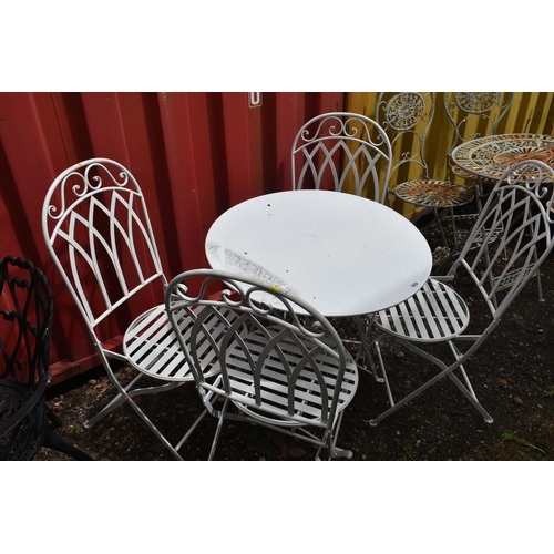 1016 - A WHITE PAINTED FOLDING ALUMINIUM GARDEN FIVE PIECE BISTRO SET, comprising a circular table, diamete... 