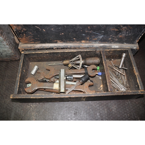 1056 - TWO VINTAGE WOODEN TOOLBOXES containing tools including Britool and other spanners, hacksaws, markin... 