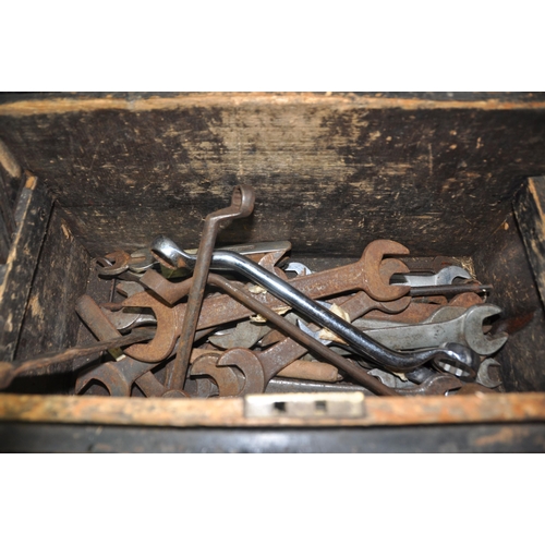 1056 - TWO VINTAGE WOODEN TOOLBOXES containing tools including Britool and other spanners, hacksaws, markin... 