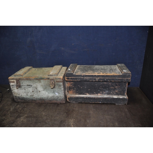 1056 - TWO VINTAGE WOODEN TOOLBOXES containing tools including Britool and other spanners, hacksaws, markin... 