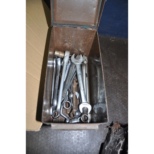 1067 - A BOX AND AN AMMO BOX CONTAINING TOOLS including spanners by Britool, King Dick etc, two untested dr... 