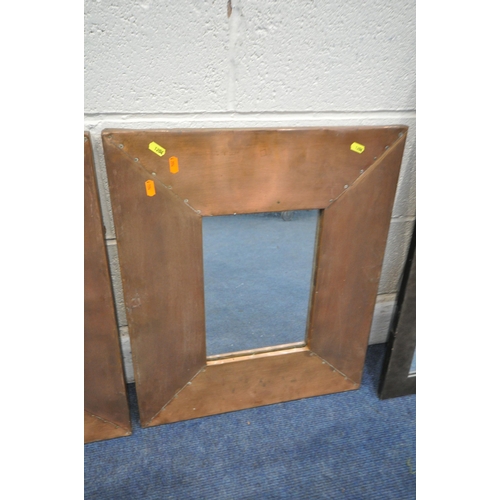 1204 - TWO VINTAGE COLOURED LEAD GLASS GEOMETRIC WINDOW, largest window, 88cm x 67cm, a set of three copper... 