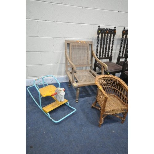 1208 - A VINTAGE TRIANG ROCKING HORSE, along with a vintage beech bergère armchair, a wicker child's chair,... 