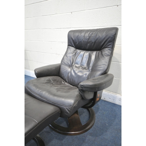 1210 - A BROWN LEATHER STRESSLESS STYLE RECLINING SWIVEL CHAIR, and footstool (condition: -loose armrests) ... 