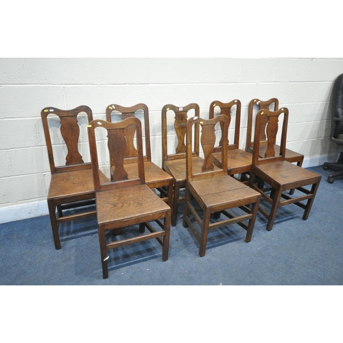 1213 - A SET OF EIGHT GEORGIAN OAK SPLAT BACK CHAIRS (condition report: - historical wear and tear includin... 