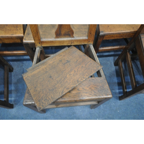 1213 - A SET OF EIGHT GEORGIAN OAK SPLAT BACK CHAIRS (condition report: - historical wear and tear includin... 