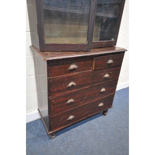 1217 - A 19TH CENTURY STAINED PINE CHEST OF TWO SHORT OVER THREE LONG DRAWERS, with glazed two door bookcas... 