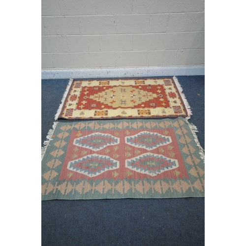 1226 - TWO GABBEH WOOLEN RUGS, blues and cream, larger rug 199cm x 143cm, smaller rug 196cm x137cm, along w... 