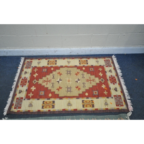 1226 - TWO GABBEH WOOLEN RUGS, blues and cream, larger rug 199cm x 143cm, smaller rug 196cm x137cm, along w... 