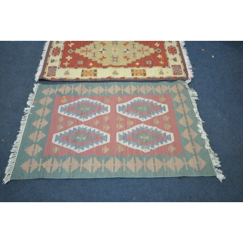 1226 - TWO GABBEH WOOLEN RUGS, blues and cream, larger rug 199cm x 143cm, smaller rug 196cm x137cm, along w... 