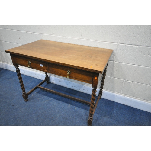 1231 - AN OAK BARLEY TWIST SIDE TABLE, with two drawers. width 104cm x depth 61cm x height 76cm (condition ... 