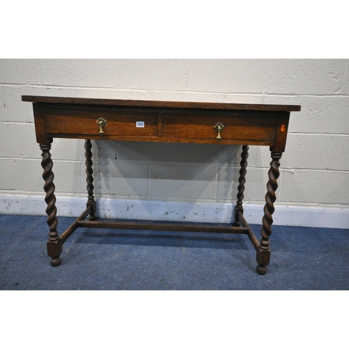 1231 - AN OAK BARLEY TWIST SIDE TABLE, with two drawers. width 104cm x depth 61cm x height 76cm (condition ... 