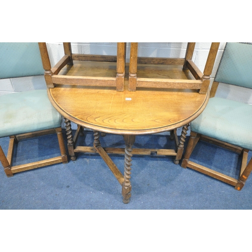 1232 - AN OAK BARLEY TWIST GATE LEG TABLE, width 107cm x depth 47cm x height 73cm and four oak dining chair... 