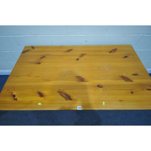 1240 - A PINE RECTANGULAR TRESTLE KITCHEN TABLE, length 137cm x depth 77cm x height 74cm, along with four p... 