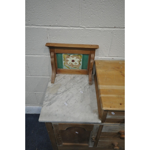 1247 - A PINE WASHSTAND, with three drawers, beside a single cupboard door, with a tiled back marble top, w... 