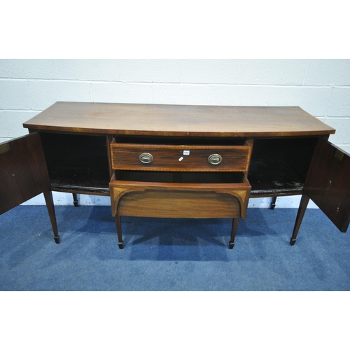 1261 - A DRUCE AND CO MAHOGANY AND INLAID BOW FRONT SIDEBOARD, with two cupboard doors, flanking two drawer... 