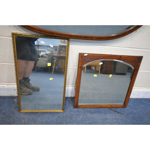 1265 - A MAHOGANY AND INLAID BEVELLED EDGE OVERMANTEL MIRROR, 106cm x 76cm, a gilt frame rectangular wall m... 