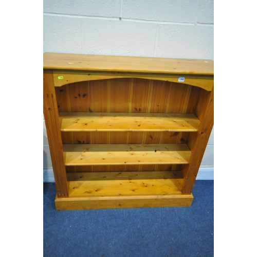 1266 - A MODERN PINE OPEN BOOKCASE, with two shelves, width 107cm x depth 30cm x height 109cm, along with a... 