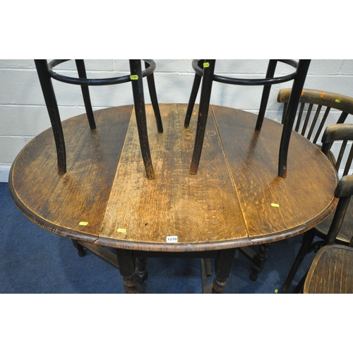 1270 - A 20TH CENTURY OAK BARLEY TWIST GATE LEG TABLE, open length 134cm x closed 47cm x depth 107cm x heig... 