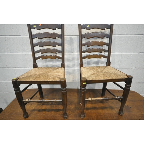 1276 - A DARK ERCOL DINING TABLE, length 183cm x depth 80cm x height 73cm, along with a set of six rush sea... 