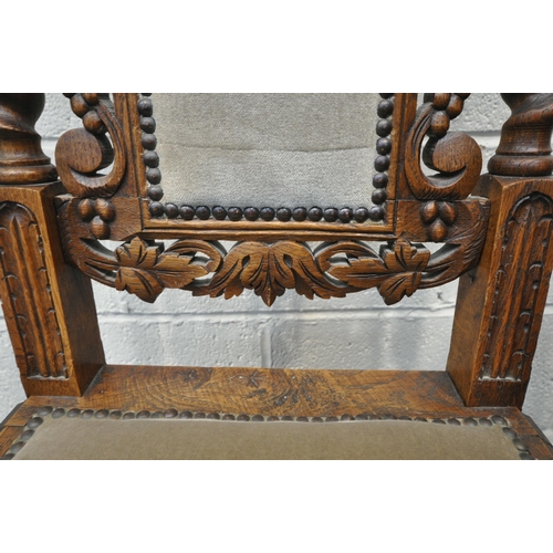 1277 - A SET OF SIX EARLY 20TH CENTURY FRENCH GOTHIC REVIVAL CHAIRS, with foliate carving to backrest, barl... 