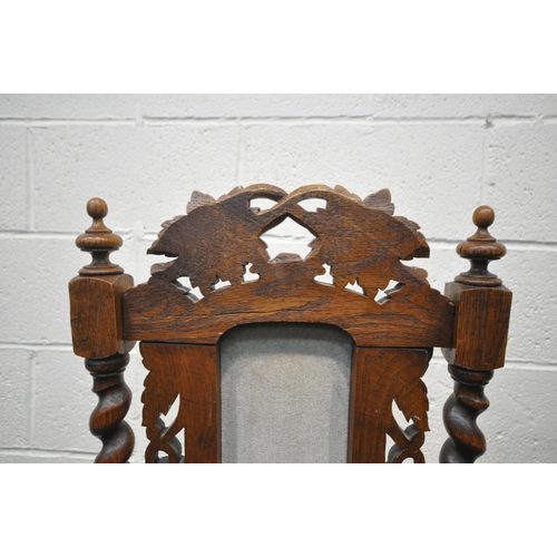 1277 - A SET OF SIX EARLY 20TH CENTURY FRENCH GOTHIC REVIVAL CHAIRS, with foliate carving to backrest, barl... 