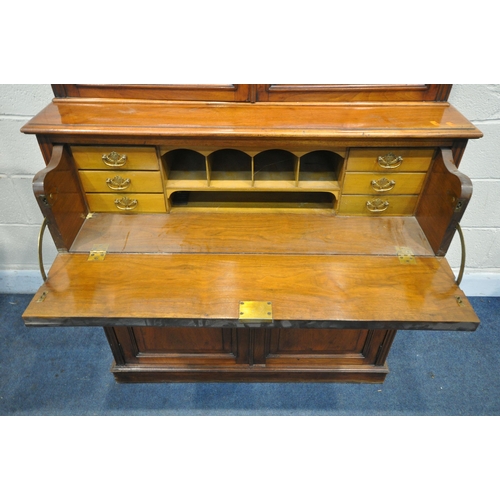 1282 - A 20TH CENTURY WALNUT SECRETAIRE BOOKCASE, the top with two glazed doors, enclosing four shelves, th... 