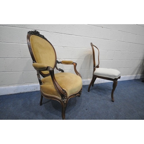 1287 - A SECOND HALF 19TH CENTURY CONTINENTAL WALNUT ARMCHAIR AND A LATER DINING CHAIR, the armchair with f... 