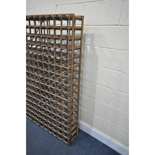 1289 - A 176 SECTION WOOD AND METAL FREE STANDING WINE RACK, 111cm x 161cm (condition - dusty)