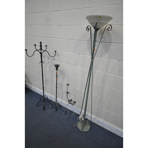 1292 - A WROUGHT IRON NINE BRANCH CANDELABRA, height 144cm, a smaller wrought iron candle stand, a steel sp... 