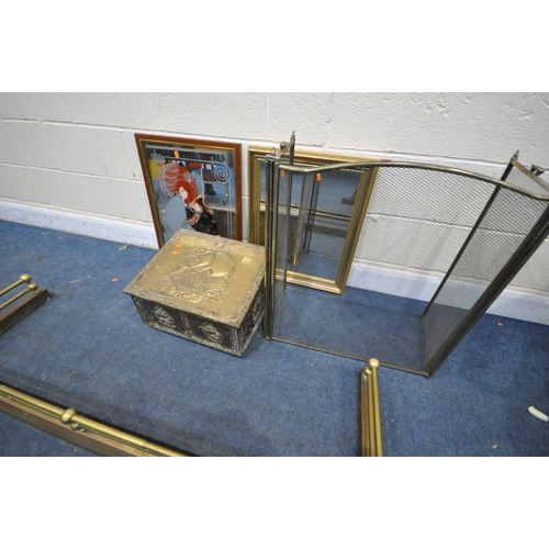 1293 - TWO BRASS FENDERS, longest length 150cm, a brass slipper box, a fire screen and two wall mirrors (5)