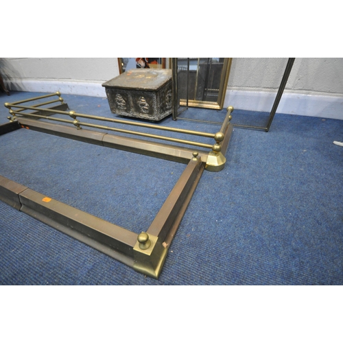 1293 - TWO BRASS FENDERS, longest length 150cm, a brass slipper box, a fire screen and two wall mirrors (5)