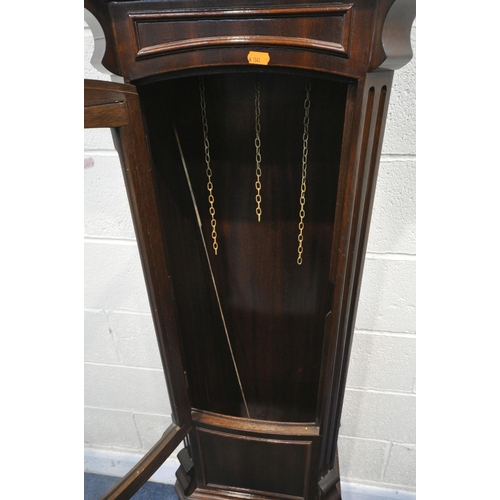 1295 - A MODERN MAHOGANY GRANDFATHER CLOCK, with a brassed ten inch dial, with Roman numerals, the top sect... 