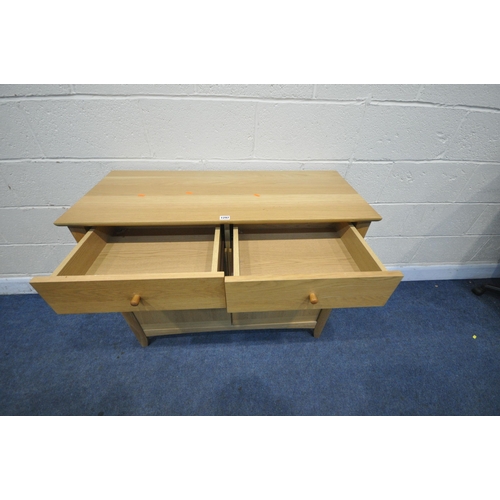 1297 - A JOHN LEWIS LIGHT OAK SIDEBOARD, with two drawers over two cupboard doors, length 101cm x depth 43c... 