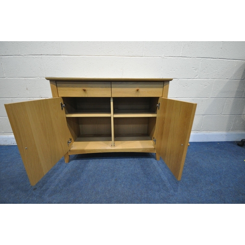 1297 - A JOHN LEWIS LIGHT OAK SIDEBOARD, with two drawers over two cupboard doors, length 101cm x depth 43c... 