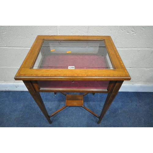 1299 - A 20TH CENTURY MAHOGANY BIJOUTERIE TABLE, with a hinged lid, square tapered legs, united by an under... 