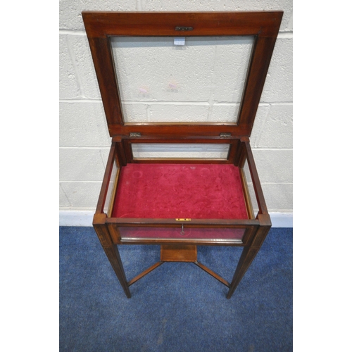 1299 - A 20TH CENTURY MAHOGANY BIJOUTERIE TABLE, with a hinged lid, square tapered legs, united by an under... 