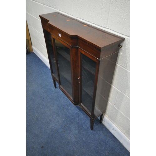 1301 - A SLIM MAHOGANY THREE DOOR GLAZED BREAKFRONT BOOKCASE, on square tapered legs, stamped old times fur... 