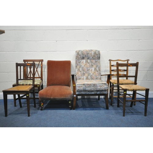 1302 - A SELECTION OF VARIOUS CHAIRS, to include a late 19th/early 20th century chair, on turned front legs... 